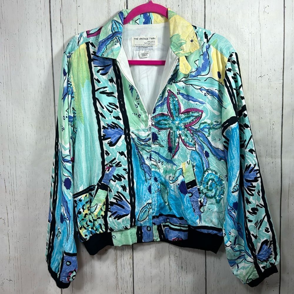 The Vintage Twin x Christina Fairbanks Abstract Beaded Zip Bomber Jacket Artwear